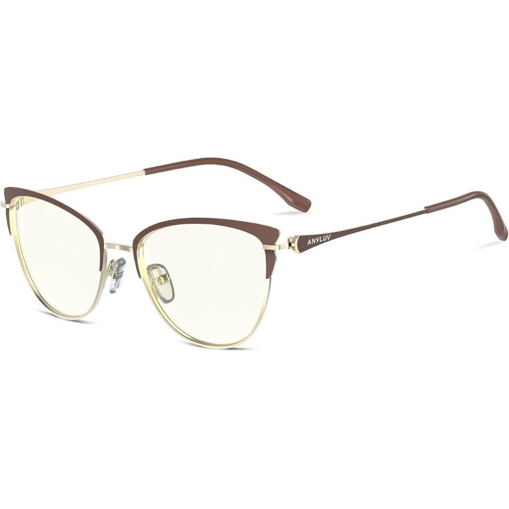 Women Brown Cat Eye Look Clear Frame Yellow Lens Anti Eyestrain Blocking Glasses